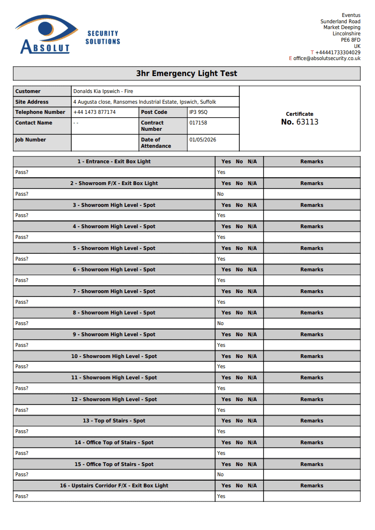 Emergency Light Test Report